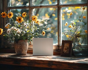Wall Mural - a rustic ill displays a vase of flowers a framed picture and a blank card illuminated by soft diffus