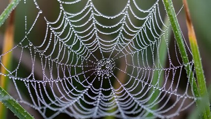 Close-up of a dew-covered spider web among green grass blades showcasing intricate patterns