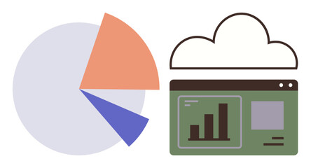 Pie chart with segmented data alongside a cloud icon and bar graph interface. Ideal for analytics, business growth, cloud computing, data management, technology, statistics, simple flat metaphor