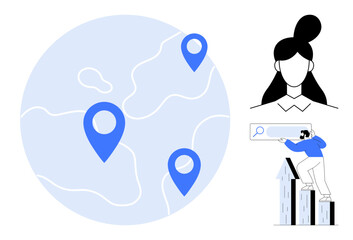 Wall Mural - Map with location markers, woman portrait, man searching using magnified screen, buildings. Ideal for navigation, global reach, data analysis, teamwork, research technology simple flat metaphor
