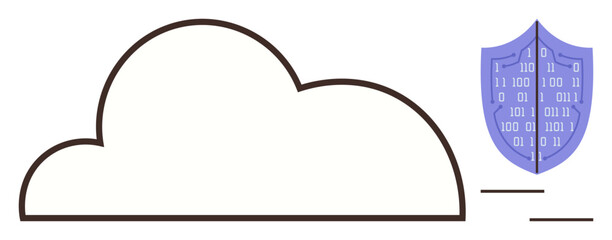 Cloud outline next to a shield covered in binary code, representing secure cloud storage and data safety. Ideal for cybersecurity, technology, cloud computing, security, data storage, privacy, secure