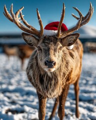 Wall Mural - a reindeer wearing a little red santa hat standing in a snowy landscape