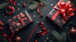 © David - Festive christmas presents wrapped in dark paper with red ribbons and ornaments on a dark background
