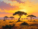 A breathtaking African savanna panorama at golden hour, showcasing tall acacia trees silhouetted against a vibrant sunset sky.