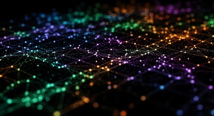 Dynamic digital network with connections and data flow in vibrant colors