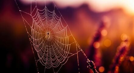 A spider web adorned with sparkling dew drops, illuminated by the warm glow of sunrise or sunset, with a spider at its center. Evokes nature's delicate beauty.