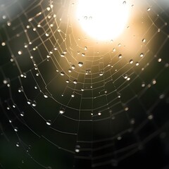 Close-up of raindrops on a spiderweb reflecting morning light.