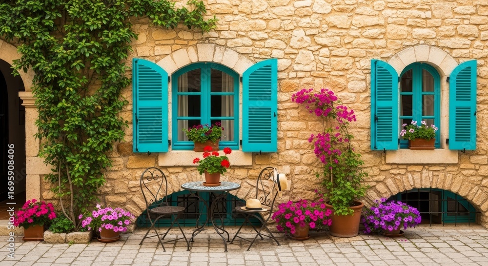 Charming Mediterranean Architecture with Blue Shutters, Flowers and ...