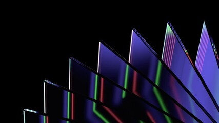 Wall Mural - Abstract geometric animation, rotating colorful glass shapes on a black background, 4k looping video, 3d render