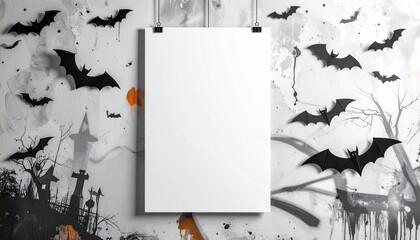 Wall Mural - Halloween concept with a hanging blank poster template on a spooky, decorated wall featuring bats and a graveyard for festive design