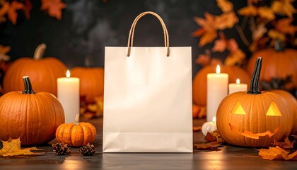 Wall Mural - Autumnal Halloween scene featuring a blank shopping bag mockup surrounded by glowing jack-o-lanterns, pumpkins, and warm candlelight