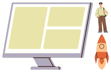 Wall Mural - Person carrying a bag next to a desktop monitor and a rocket. Ideal for technology, growth, education, career, innovation, productivity, futuristic concepts. Clean and simple flat metaphor