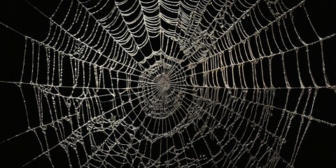 Close-Up of Spider on Dew-Covered Web Against Black Background