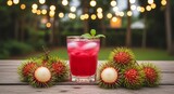 Exotic rambutan fruits, refreshing cocktail, summer garden setting