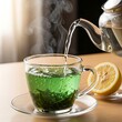 © Sakelo - Pouring vibrant green tea infusion with zesty lemon slice accent