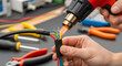 © Malik - An electrician uses a heat gun to apply shrink tubing over spliced electrical wires on a workbench.