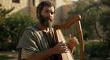 Bearded man playing Ancient stringed musical instrument. King David character in biblical history story concept.