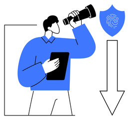 Wall Mural - Man holding tablet and telescope near fingerprint security shield and downward arrow. Ideal for privacy, data analysis, technology, cybersecurity, exploration, innovation, strategy concepts. Simple