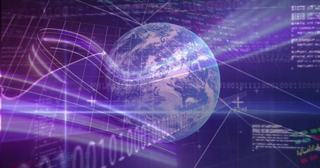 Wall Mural - circulating stylized earth globe in virtual data space, showing binary digits and glowing streaks