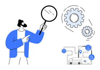 Wall Mural - Person holding magnifying glass pointing at system with gears, truck, data points. Ideal for logistics, efficiency, technology, process management, analysis delivery research. Clean flat metaphor