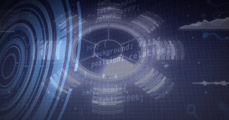 Wall Mural - displaying interface on blue grid, with circular hud, concentric circles, code snippets, charts
