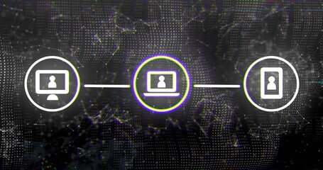 Wall Mural - Linking monitor icon, neon laptop icon, smartphone icon in dark digital network, with glowing lines
