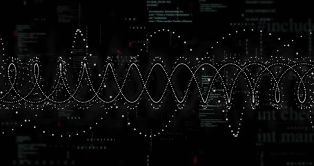 Wall Mural - Displaying white dotted waveform oscillating across console with binary bits and code fragments
