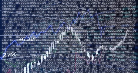 Wall Mural - Displaying candlestick chart showing rising white trend line over dark blue grid, binary overlay