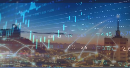 Wall Mural - Displaying dusk city skyline at downtown vantage, with digital candlestick charts and network arcs