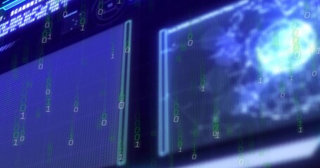 Wall Mural - displaying two digital panels streaming binary code in cyber command center, with globe view