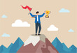© Premium art - Flat illustration of success businessman holds winning flag and trophy on mountain peak symbolizing leadership