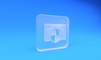 Wall Mural - Frosted glass Browser with shield icon isolated on blue background. Security, safety, protection, privacy concept. Square frosted glass button. 3D render illustration