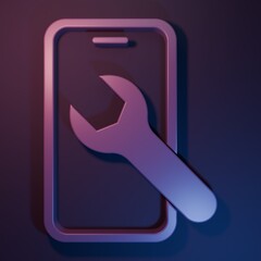 Wall Mural - purple mobile phone with wrench icon isolated on purple-blue background. adjusting, service, setting