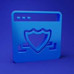 Wall Mural - Blue Browser with shield icon isolated on blue background. Security, safety, protection, privacy concept. Minimalism concept. 3D render illustration