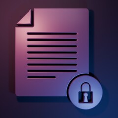 Wall Mural - Purple Document and lock icon isolated on purple-blue background. File format and padlock. Security, safety, protection concept. Minimalism concept. 3D render illustration