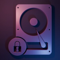 Wall Mural - Purple Hard disk drive and lock icon isolated on purple-blue background. HHD and padlock. Security, safety, protection concept. Minimalism concept. 3D render illustration