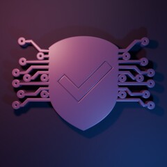 Wall Mural - Purple Cyber security icon isolated on purple-blue background. Shield with check mark sign. Safety concept. Digital data protection. Minimalism concept. 3D render illustration