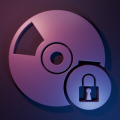 Wall Mural - Purple CD or DVD disk with closed padlock icon isolated on purple-blue background. Compact disc sign. Security, safety, protection concept. Minimalism concept. 3D render illustration