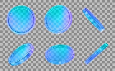 Wall Mural - 3d set glass transparent neon coins with different angles. y2k style. stock vector illustration on i