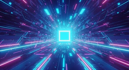 Futuristic digital tunnel with neon lights and data streams, perfect for tech, innovation, and modern design