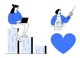 Wall Mural - Woman analyzing growth on bar chart, person presenting data, and a heart symbol. Ideal for teamwork, data analysis, personal growth, business strategy, leadership, education simple landing page