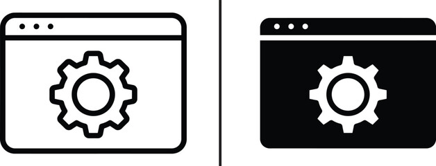 Webpage Setup Icon: Conceptual depiction of a website window featuring a gear, representing settings, configuration, and web design features in both black and white versions.
