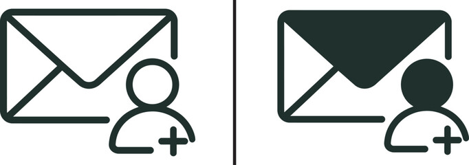 Email and Connection: The image presents two digital icon of email associated with person and symbol plus. perfect for illustration a new contact or digital invitation.
