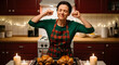 © Sulfabndi - Stress free holiday cooking woman happy chef christmas dinner roast chicken kitchen joy celebration festive season family meal preparation cooking food