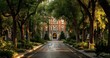 © olegganko - Beautiful Historic Building Surrounded by Lush Greenery at Sunset.