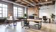 © erfan - Modern office interior with brick walls, desks, and large windows providing natural light