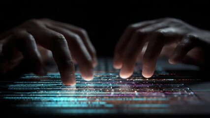 Hands Typing on a Keyboard with Colorful Data Visualization Representing Programming and Technology Concepts
