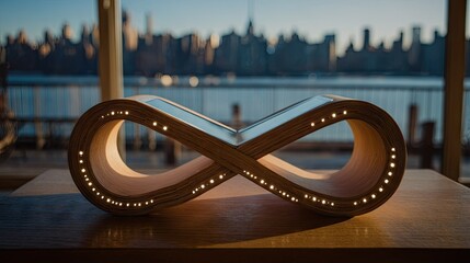 Wooden infinity symbol design with embedded lights.