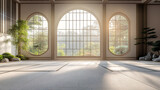 Oriental interior with window and mat on floor, sport hall for martial art classes. Indoor background