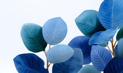 watercolor illustration of round tropical leaves, flat botanical composition, clear white veins on leaves, layered overlapping leaves